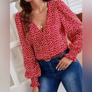 SHEIN Frenchy Ditsv Floral Print Flounce Sleeve Blouse-Large
